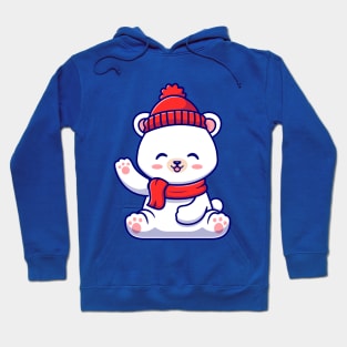 Cute Baby Polar Bear Winter Wearing Scarf Waving Hand  Cartoon Hoodie